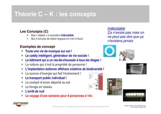 Théorie C – K : les concepts
Les Concepts (C)
Des « objets » à caractère indécidable
Qui n’ont pas de statut logique (ni v...