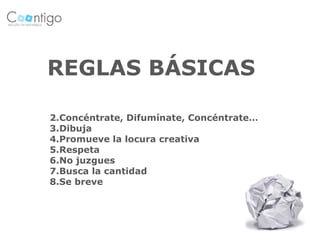 REGLAS BÁSICAS

2.Concéntrate, Difumínate, Concéntrate…
3.Dibuja
4.Promueve la locura creativa
5.Respeta
6.No juzgues
7.Busca la cantidad
8.Se breve
 