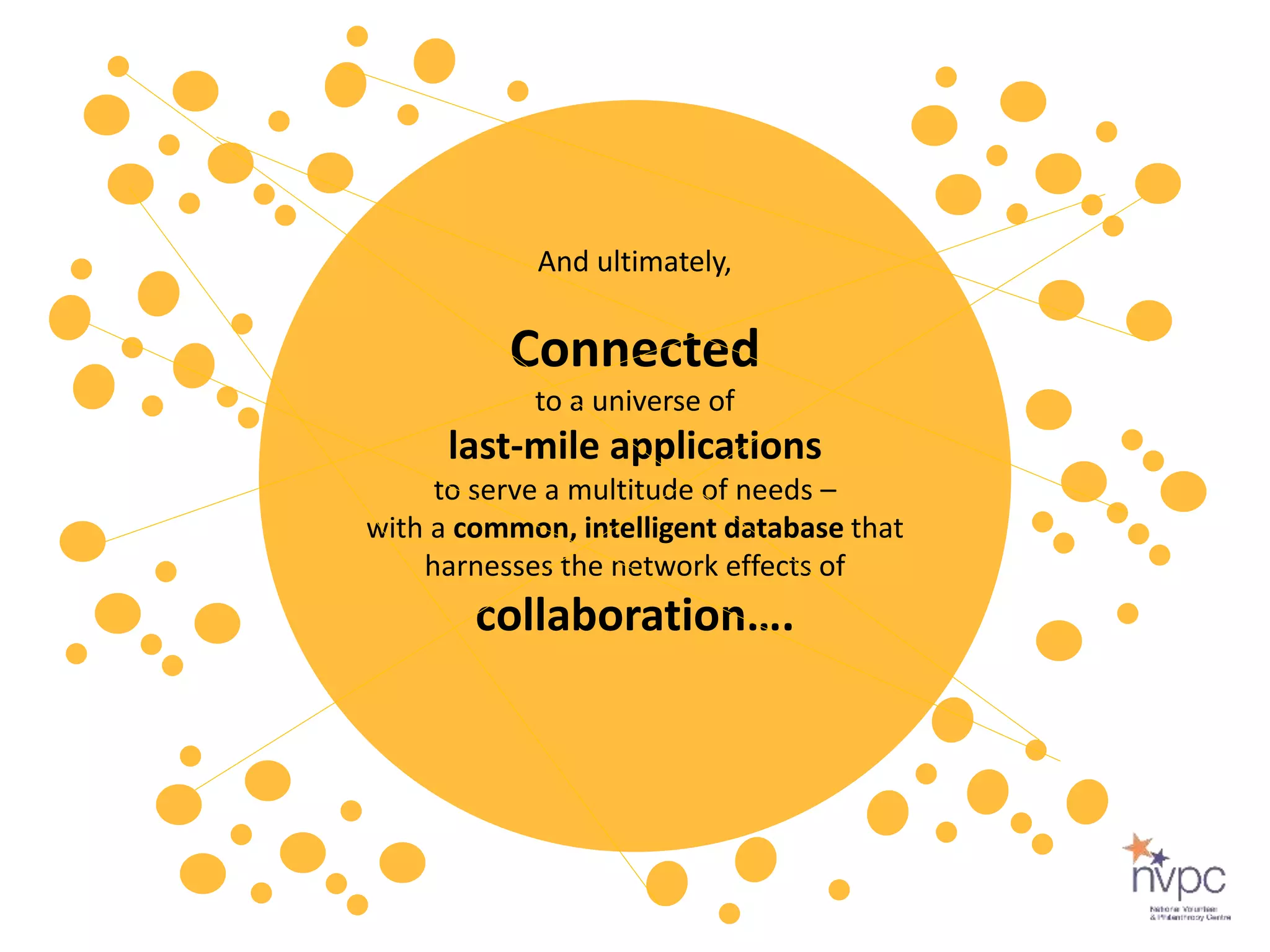 Connected
to a universe of
last-mile applications
to serve a multitude of needs –
with a common, intelligent database that
harnesses the network effects of
collaboration….
And ultimately,
 