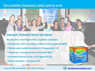 Co-creation increases sales and w-o-m




  Example: Pickwick Dutch tea blend
  Results were much higher than usual line extensions:
  Distribution: 99 % according to Nielsen data (expected 80%)
  Market share within black tea 2,2 % (expected 1 %)
  Awareness among tea-users 51% (goal 35%)
  Activated interest to buy 17,5% (goal 10,5%)
  Repeat purchase 11% (goal 6%)


Joyce van Dijk, sponsored by                                     Joycediscovers.wordpress.com
 