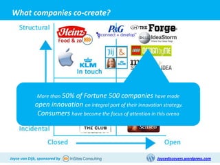 1. What is co-creation?
 What companies co-create?




               More than 50%
                          of Fortune 500 companies have made
             open innovation an integral part of their innovation strategy.
              Consumers have become the focus of attention in this arena




Joyce van Dijk, sponsored by                                    Joycediscovers.wordpress.com
 