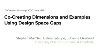 Co-Creating Dimensions and Examples
Using Design Space Gaps
Stephen MacNeil, Celine Latulipe, Johanna Okerlund
University of North Carolina at Charlotte
CoCreation Workshop, ICCC, June 2017
 