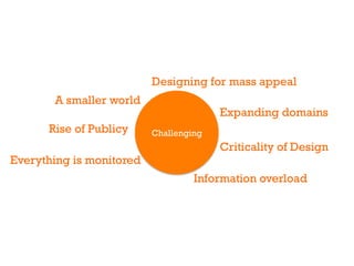 Designing for mass appeal
       A smaller world
                                        Expanding domains
      Rise of Publicy     Challenging
                                        Criticality of Design
Everything is monitored
                                   Information overload
 