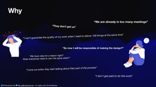 @ThamarSwart && @de_gijt@nerdculture.de ∙ Co-creating with UX and Software
Why
“They don’t get us”
“We are already in too many meetings”
“So now I will be responsible of making the design?”
“I tune out when they start talking about their part of the process”
“I don’t get paid to do this work”
“I can’t guarantee the quality of my work when I need to deliver 100 things at the same time”
“We have roles for a reason right?
Does everybody need to own the same skills?”
@ThamarSwart && @de_gijt@nerdculture.de ∙ Co-creating with UX and Software
 