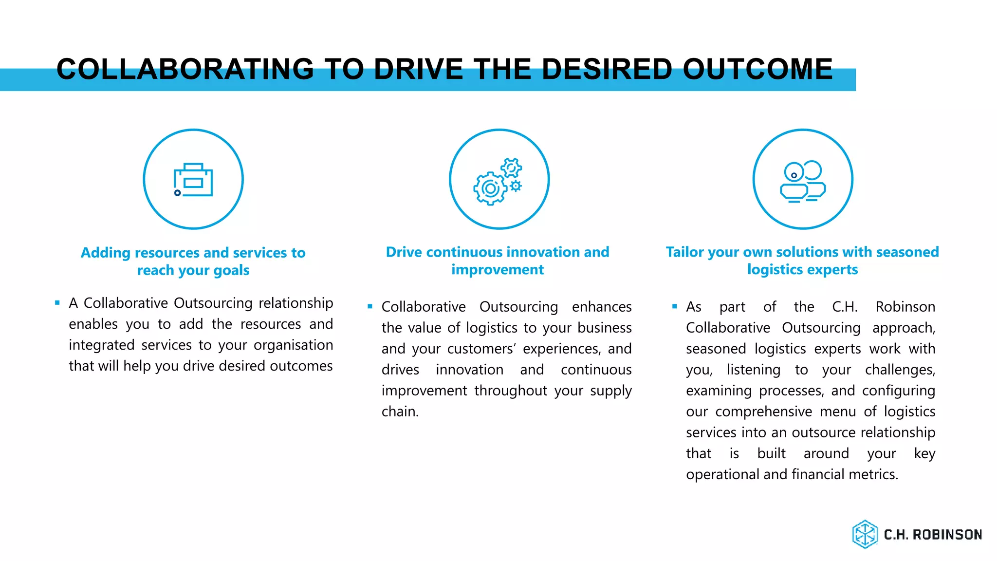 COLLABORATING TO DRIVE THE DESIRED OUTCOME
Tailor your own solutions with seasoned
logistics experts
Adding resources and services to
reach your goals
Drive continuous innovation and
improvement
 A Collaborative Outsourcing relationship
enables you to add the resources and
integrated services to your organisation
that will help you drive desired outcomes
 Collaborative Outsourcing enhances
the value of logistics to your business
and your customers’ experiences, and
drives innovation and continuous
improvement throughout your supply
chain.
 As part of the C.H. Robinson
Collaborative Outsourcing approach,
seasoned logistics experts work with
you, listening to your challenges,
examining processes, and configuring
our comprehensive menu of logistics
services into an outsource relationship
that is built around your key
operational and financial metrics.
 