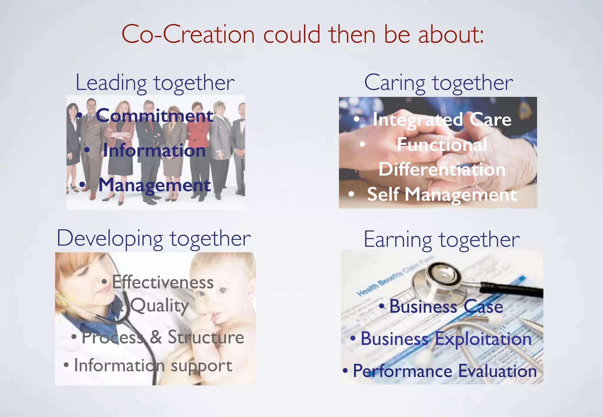Co-Creation could then be about:
Leading together
• Commitment
• Information
• Management
Caring together
• Integrated Care
• Functional 
Differentiation
• Self Management
Developing together
• Effectiveness 
& Quality
• Process & Structure
• Information support
• Business Case
• Business Exploitation
• Performance Evaluation
Earning together
 
