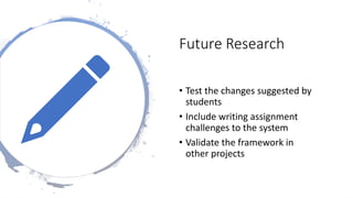 Future Research
• Test the changes suggested by
students
• Include writing assignment
challenges to the system
• Validate ...