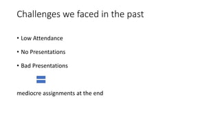 Challenges we faced in the past
• Low Attendance
• No Presentations
• Bad Presentations
mediocre assignments at the end
 