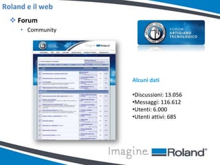 Roland e il web
   Forum
     • Community




                   Alcuni dati

                   •Discussioni: 13.056
                   •Messaggi: 116.612
                   •Utenti: 6.000
                   •Utenti attivi: 685
 