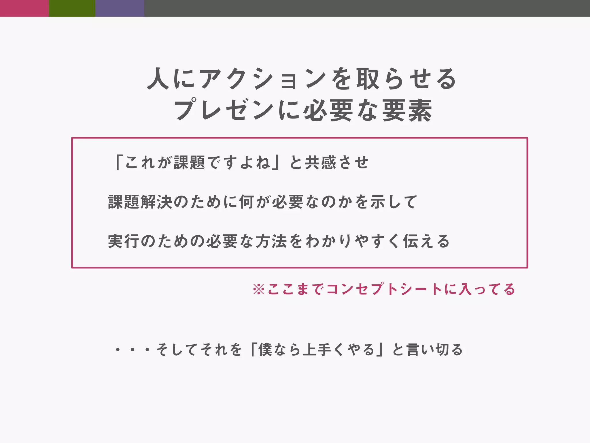 人にアクションを取らせる
プレゼンに必要な要素
「これが課題ですよね」と共感させ
課題解決のために何が必要なのかを示して
実行のための必要な方法をわかりやすく伝える
※ここまでコンセプトシートに入ってる

・・・そしてそれを「僕なら上手くやる」と言い切る

 