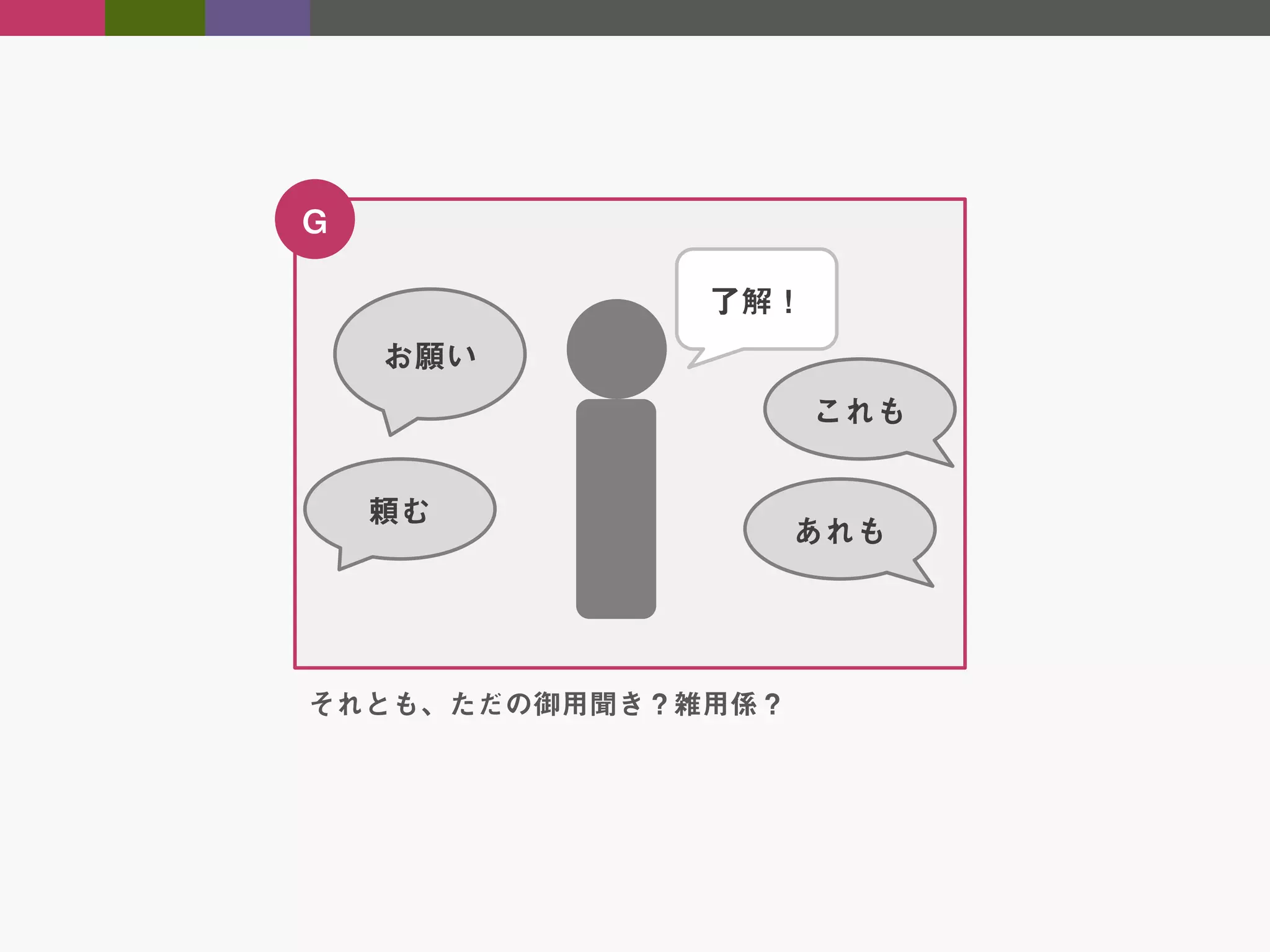 G
了解！
お願い
これも
頼む

それとも、ただの御用聞き？雑用係？

あれも

 
