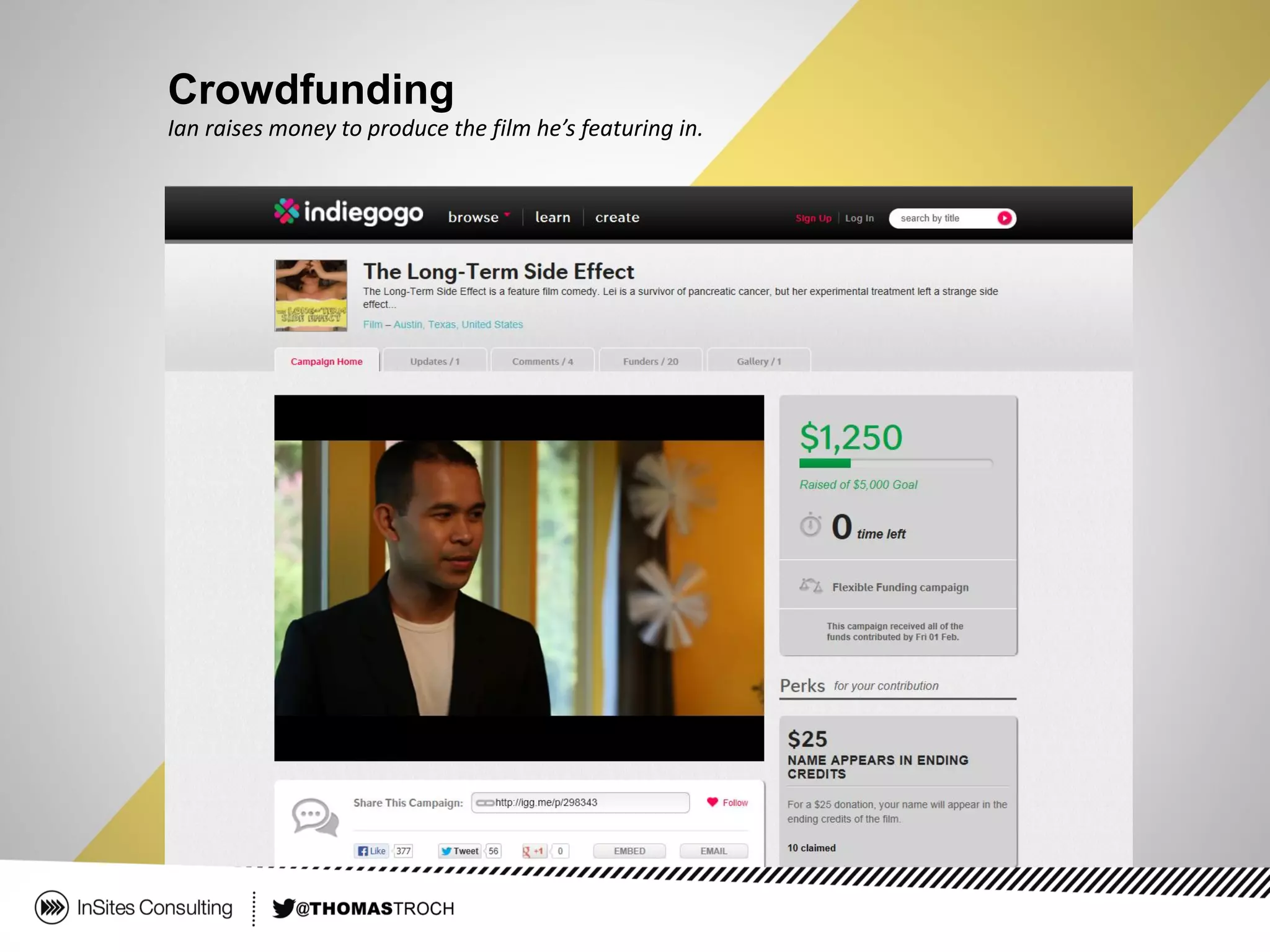 Crowdfunding
Ian raises money to produce the film he’s featuring in.
 