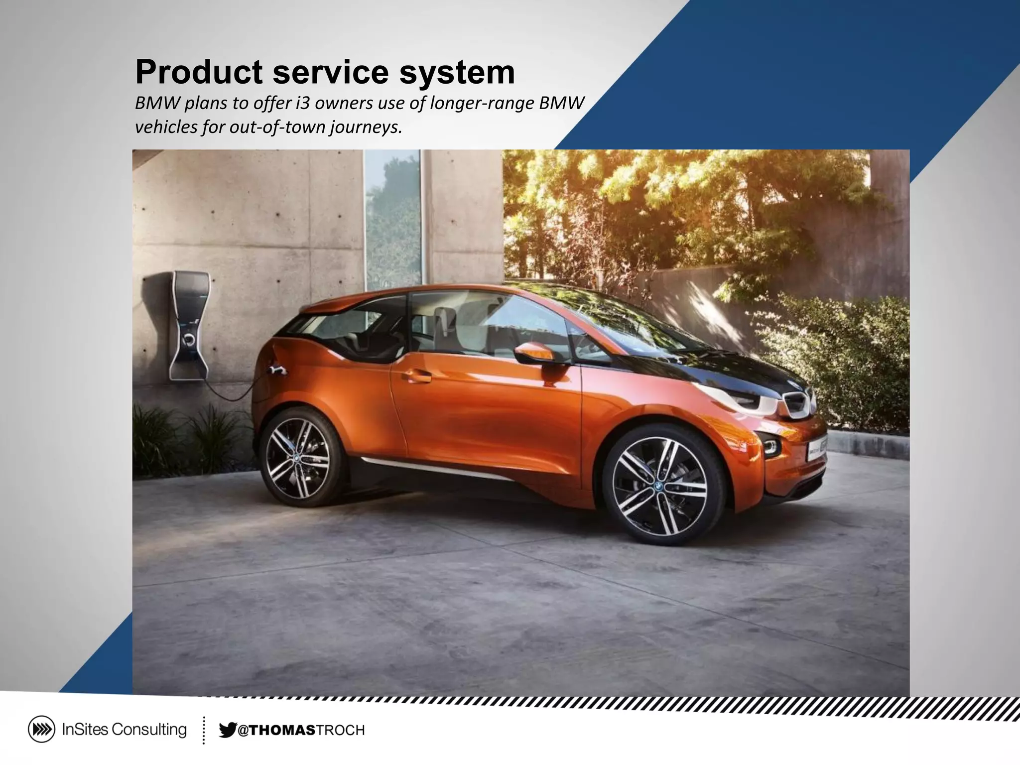 Product service system
BMW plans to offer i3 owners use of longer-range BMW
vehicles for out-of-town journeys.
 