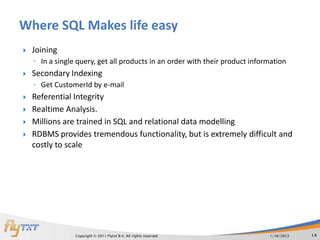 Where SQL Makes life easy
   Joining
    ◦ In a single query, get all products in an order with their product information
   Secondary Indexing
    ◦ Get CustomerId by e-mail
   Referential Integrity
   Realtime Analysis.
   Millions are trained in SQL and relational data modelling
   RDBMS provides tremendous functionality, but is extremely difficult and
    costly to scale




                 Copyright © 2011 Flytxt B.V. All rights reserved             1/16/2012   14
 