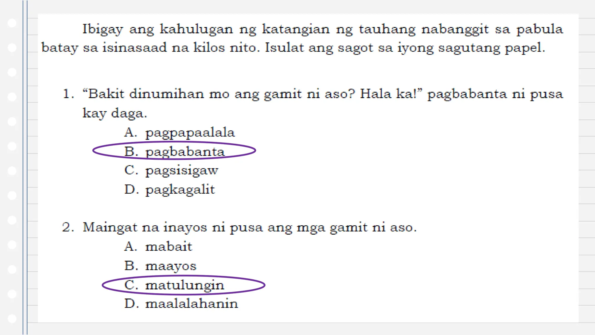 Pagbibigay Kahulugan s kilos at pahayag ng mga tauhan sa napakinggang ...