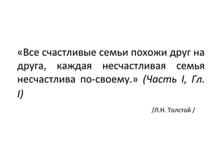 «Все счастливые семьи похожи друг на
друга, каждая несчастливая семья
несчастлива по-своему.» (Часть I, Гл.
I)
/Л.Н. Толстой /
 