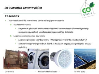 Instrumenten samenwerking


Essenties
?   Voorbeelden KPI (meetbare doelstelling) per essentie
     ?   Duurzaam bouwen

           ?   De gebouw gebonden elektriciteitsvraag die na het toepassen van maatregelen op
               gebouwniveau resteert, wordt duurzaam opgewekt op de locatie

     ?   Lagere exploitatielasten bewoners

           ?   Lage energiekosten voor bewoners, 10 % lager dan referentie bouwbesluit 2012

           ?   Stimuleren lager energieverbruik door b.v. duurzaam witgoed, energiedisplay en LED-
               verlichting




Co-Green                         ?   Makkers Manifestatie ?                   10 mei 2012
 