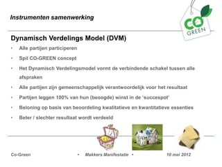 Instrumenten samenwerking


Dynamisch Verdelings Model (DVM)
?   Alle partijen participeren

?   Spil CO-GREEN concept

?   Het Dynamisch Verdelingsmodel vormt de verbindende schakel tussen alle
    afspraken

?   Alle partijen zijn gemeenschappelijk verantwoordelijk voor het resultaat

?   Partijen leggen 100% van hun (beoogde) winst in de succespot

?   Beloning op basis van beoordeling kwalitatieve en kwantitatieve essenties

?   Beter / slechter resultaat wordt verdeeld




Co-Green                         ?   Makkers Manifestatie ?        10 mei 2012
 