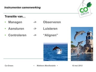 Instrumenten samenwerking


Transitie van
? Managen           ->         Observeren

? Aansturen         ->         Luisteren

? Controleren       ->         Alignen




Co-Green            ?    Makkers Manifestatie ?   10 mei 2012
 