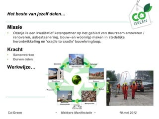 Het beste van jezelf delen


Missie
?   Oranje is een kwalitatief ketenpartner op het gebied van duurzaam amoveren /
    renoveren, asbestsanering, bouw- en woonrijp maken in stedelijke
    herontwikkeling en 'cradle to cradle' bouwkringloop.

Kracht
?   Samenwerken
?   Durven delen

Werkwijze




Co-Green                    ?   Makkers Manifestatie ?           10 mei 2012
 