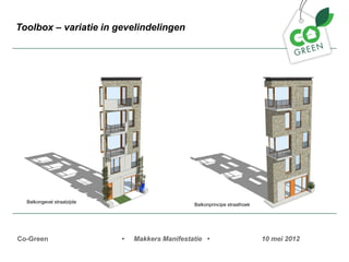 Toolbox C variatie in gevelindelingen




  Balkongevel straatzijde
                                                 Balkonprincipe straathoek




Co-Green                    ?   Makkers Manifestatie ?                       10 mei 2012
 