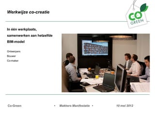 Werkwijze co-creatie


In n werkplaats,
samenwerken aan hetzelfde
BIM-model

Ontwerpers
Bouwer
Co-maker




Co-Green                    ?   Makkers Manifestatie ?   10 mei 2012
 