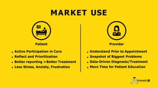 MARKET USE
Active Participation in Care
Reflect and Prioritization
Better reporting =Better Treatment
Less Stress, Anxiety, Frustration
Understand Prior to Appointment
Snapshot of Biggest Problems
Data-Driven Diagnosis/Treatment
More Time for Patient Education
Patient
|
8
Provider
 