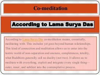 According to Lama Surya Das co-meditation means, essentially,
meditating with. This includes yet goes beyond human relationships.
This kind of connection and meditation allows us to enter into the
tantric world of non-separation and oneness, completeness, totality,
what Buddhists generally call no duality (not two). It allows us to
meditate with everything, exploit and integrate every single thing—
outer, inner, and subtlest into the contemplative process.
Co-meditation
According to Lama Surya Das
 