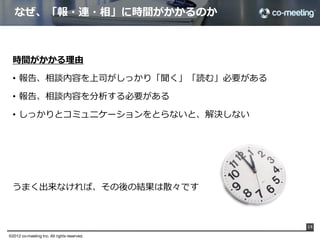 なぜ、「報・連・相」に時間がかかるのか



  時間がかかる理理由

  •  報告、相談内容を上司がしっかり「聞く」「読む」必要がある

  •  報告、相談内容を分析する必要がある

  •  しっかりとコミュニケーションをとらないと、解決しない




  うまく出来なければ、その後の結果は散々です



                                               14

©2012 co-meeting Inc. All rights reserved.	
 