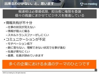 機能しない理理由は「相⼿手の時間を割く」からです


                                                部下	
              上司	



             報告	
                               大                 中
                                           （報告内容の準備、報告）	
   （報告を聞く、報告書を読む）	



              全ての事案に対してこれができるのか！？
                     小        小
             連絡	
                                           （連絡内容の準備、連絡）	
     （連絡を聞く、読む）	




             相談	
                               大                 大
                                           （相談内容の準備、相談）	
   （内容の確認、相談に乗る）	

                                                                             16

©2012 co-meeting Inc. All rights reserved.	
 
