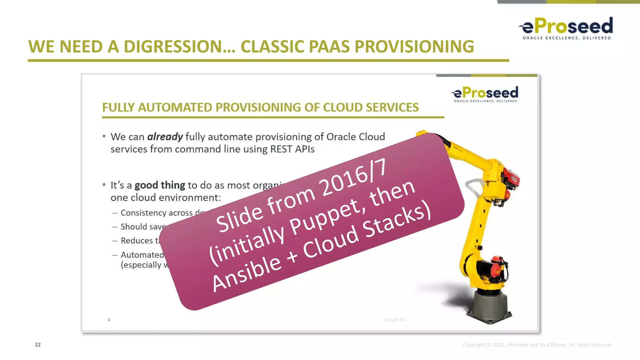 Copyright © 2018, eProseed and its affiliates. All rights reserved.
WE NEED A DIGRESSION… CLASSIC PAAS PROVISIONING
22
 