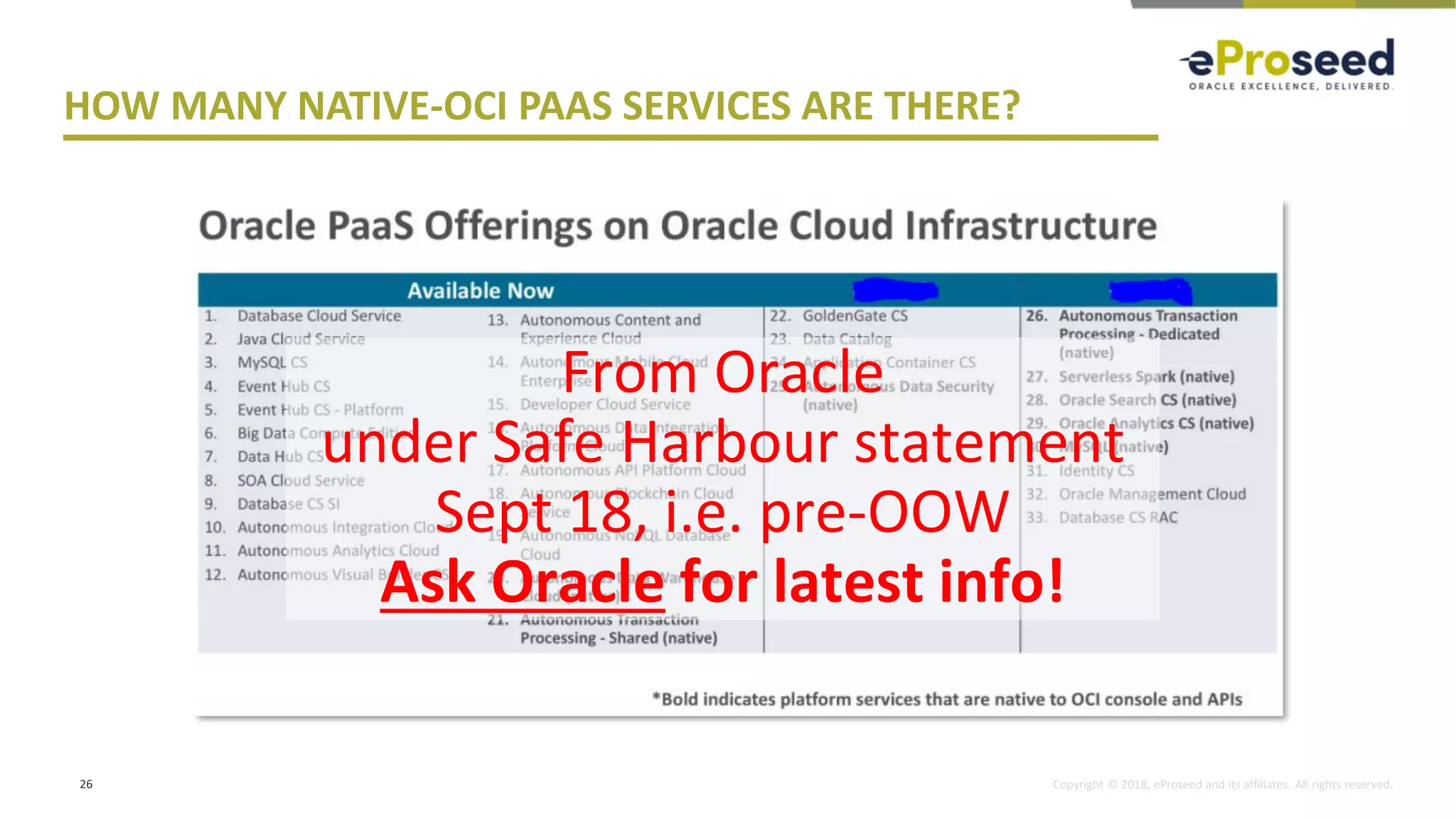 Copyright © 2018, eProseed and its affiliates. All rights reserved.
HOW MANY NATIVE-OCI PAAS SERVICES ARE THERE?
26
From Oracle
under Safe Harbour statement
Sept 18, i.e. pre-OOW
Ask Oracle for latest info!
 