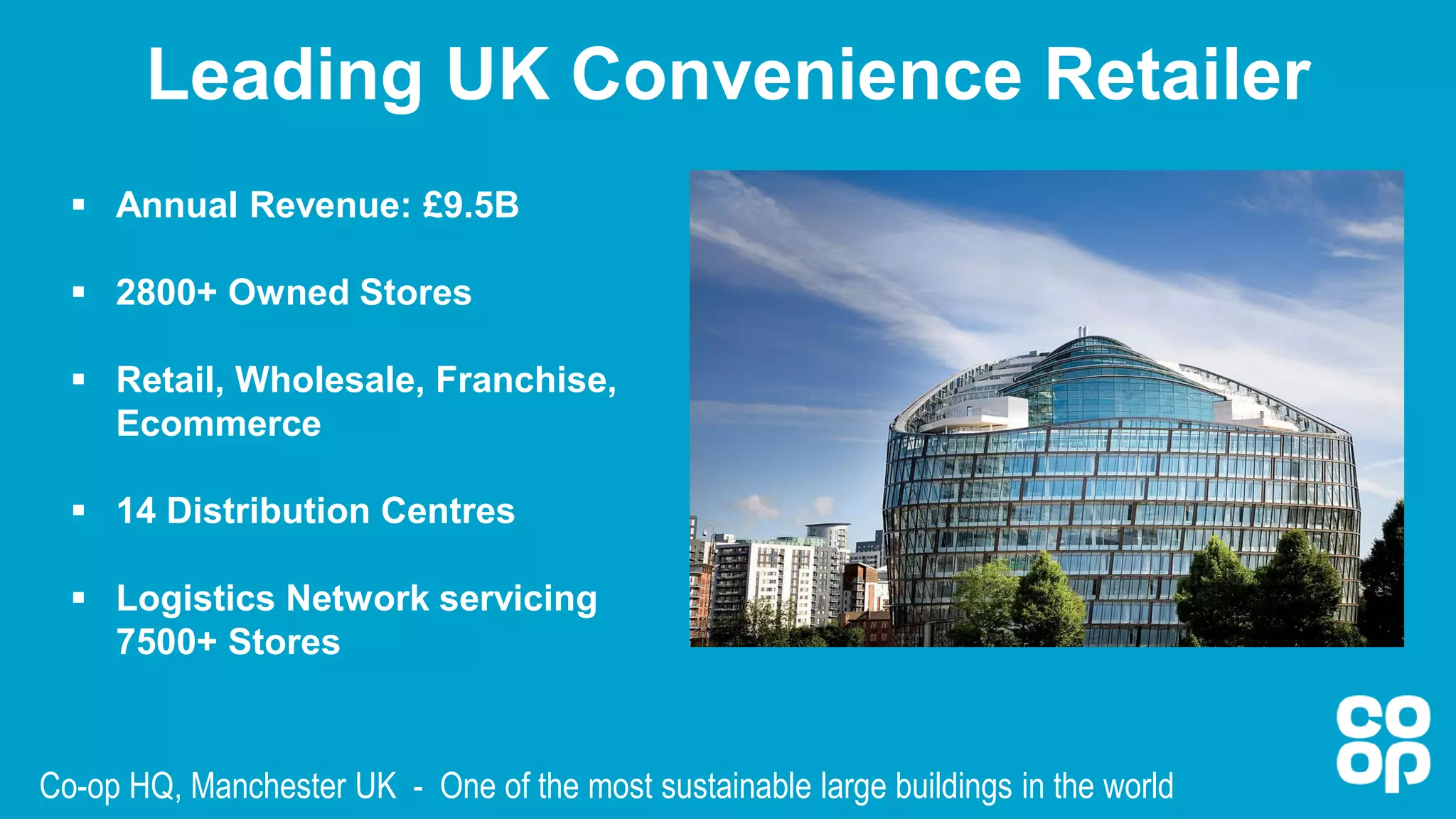 Co-op HQ, Manchester UK - One of the most sustainable large buildings in the world
▪ Annual Revenue: £9.5B
▪ 2800+ Owned Stores
▪ Retail, Wholesale, Franchise,
Ecommerce
▪ 14 Distribution Centres
▪ Logistics Network servicing
7500+ Stores
Leading UK Convenience Retailer
 