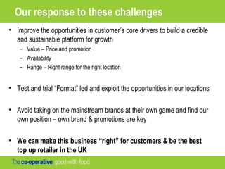 Our response to these challenges
• Improve the opportunities in customer’s core drivers to build a credible
and sustainable platform for growth
– Value – Price and promotion
– Availability
– Range – Right range for the right location
• Test and trial “Format” led and exploit the opportunities in our locations
• Avoid taking on the mainstream brands at their own game and find our
own position – own brand & promotions are key
• We can make this business “right” for customers & be the best
top up retailer in the UK
 