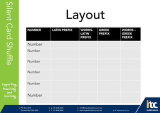 P 074638 8326
F 0746388366
info@itcpublications.com.au
www.itcpublications.com.au © ITC Publications Pty Ltd
PO Box 2640
Toowoomba QLD 4350
PptNameHereSilentCardShuffle
Layout
NUMBER LATIN PREFIX WORDS-
LATIN
PREFIX
GREEK
PREFIX
WORDS –
GREEK
PREFIX
Number
Number
Number
Number
Number
Number
 