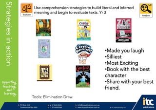 P 074638 8326
F 0746388366
info@itcpublications.com.au
www.itcpublications.com.au © ITC Publications Pty Ltd
PO Box 2640
Toowoomba QLD 4350
PptNameHereStrategiesinaction
Tools: Elimination Draw.
Use comprehension strategies to build literal and inferred
meaning and begin to evaluate texts. Yr 3
•Made you laugh
•Silliest
•Most Exciting
•Book with the best
character
•Share with your best
friend.
 