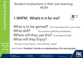P 074638 8326
F 0746388366
info@itcpublications.com.au
www.itcpublications.com.au © ITC Publications Pty Ltd
PO Box 2640
Toowoomba QLD 4350
PptNameHereExplicitInstruction
1.WIIFM: What’s in it for me?
What is to be gained? From spending time in your class.
What skill? The cognitive skill being developed.
Where will they use this? A valuable Life Skill
What will they Enjoy?
The part of your lesson / class will they enjoy?
Student involvement in their own learning.
HOW
John Hattie: Feedback. Include an understanding of the learning goal
 