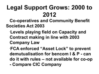 Legal Support Grows: 2000 to
2012
Co-operatives and Community Benefit
Societies Act 2003
•
Levels playing field on Capacity and
Contract making in line with 2003
Company Law
•
FCA enforced “Asset Lock” to prevent
demutualisation for bencom I & P - can
do it with rules – not available for co-op
- Compare CIC Company
 