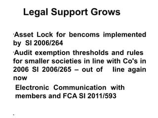 Legal Support Grows
•
Asset Lock for bencoms implemented
by SI 2006/264
•
Audit exemption thresholds and rules
for smaller societies in line with Co's in
2006 SI 2006/265 – out of line again
now
Electronic Communication with
members and FCA SI 2011/593
•
 