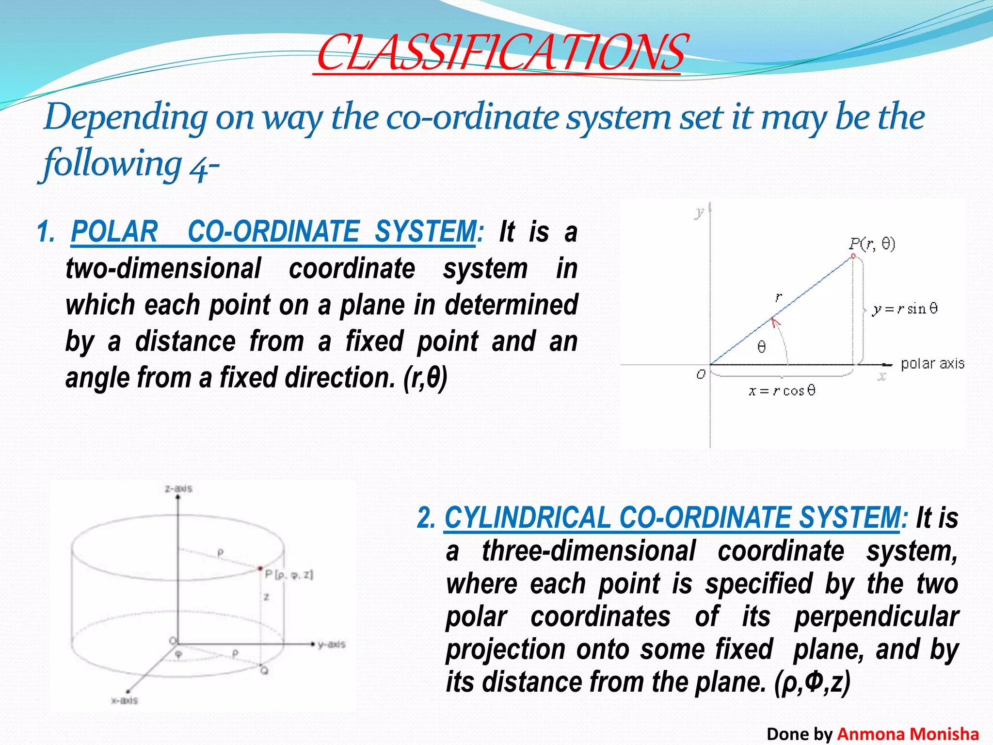 CLASSIFICATIONS
1. POLAR CO-ORDINATE SYSTEM: It is a
two-dimensional coordinate system in
which each point on a plane in determined
by a distance from a fixed point and an
angle from a fixed direction. (r,θ)
2. CYLINDRICAL CO-ORDINATE SYSTEM: It is
a three-dimensional coordinate system,
where each point is specified by the two
polar coordinates of its perpendicular
projection onto some fixed plane, and by
its distance from the plane. (ρ,Ф,z)
Done by Anmona Monisha
 