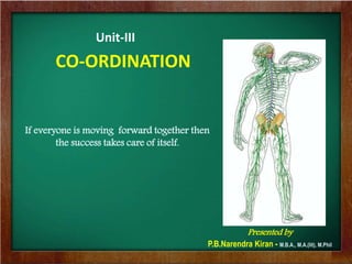 CO-ORDINATION
Presented by
P.B.Narendra Kiran - M.B.A., M.A.(lit), M.Phil
Unit-III
If everyone is moving forward together then
the success takes care of itself.
 