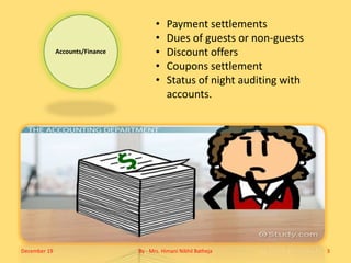 Accounts/Finance
• Payment settlements
• Dues of guests or non-guests
• Discount offers
• Coupons settlement
• Status of night auditing with
accounts.
December 19 By - Mrs. Himani Nikhil Batheja 3
 