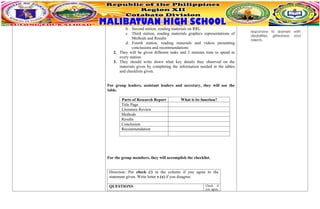 b. Second station, reading materials on RRL
c. Third station, reading materials graphics representations of
Methods and Results
d. Fourth station, reading materials and videos presenting
conclusions and recommendations
2. They will be given different tasks and 2 minutes time to spend in
every station.
3. They should write down what key details they observed on the
materials given by completing the information needed in the tables
and checklists given.
For group leaders, assistant leaders and secretary, they will use the
table.
Parts of Research Report What is its function?
Title Page
Literature Review
Methods
Results
Conclusion
Recommendation
For the group members, they will accomplish the checklist.
Direction: Put check (/) in the column if you agree to the
statement given. Write letter x (x) if you disagree.
QUESTIONS Check if
you agree,
responsive to learners with
disabilities, giftedness and
talents.
 