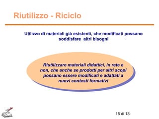 Riutilizzo - Riciclo
Utilizzo di materiali già esistenti, che modificati possano
soddisfare altri bisogni

Riutilizzare materiali didattici, in rete e
non, che anche se prodotti per altri scopi
possano essere modificati e adattati a
nuovi contesti formativi

15 di 18

 