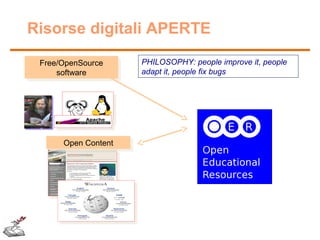 Risorse digitali APERTE
Free/OpenSource
Free/OpenSource
software
software

Open Content
Open Content

PHILOSOPHY: people improve it, people
adapt it, people fix bugs

 