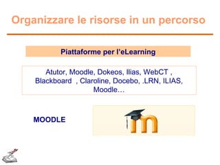 Organizzare le risorse in un percorso
Piattaforme per l’eLearning
Atutor, Moodle, Dokeos, Ilias, WebCT ,
Blackboard , Claroline, Docebo, .LRN, ILIAS,
Moodle…

MOODLE

 