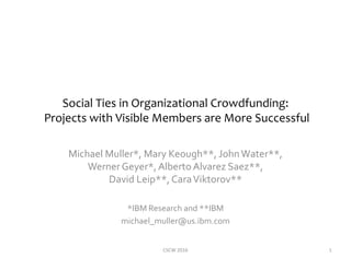 Social Ties in Organizational Crowdfunding:
Projects with Visible Members are More Successful
Michael Muller*, Mary Keough**, JohnWater**,
WernerGeyer*,Alberto Alvarez Saez**,
David Leip**, CaraViktorov**
*IBM Research and **IBM
michael_muller@us.ibm.com
CSCW 2016 1
 