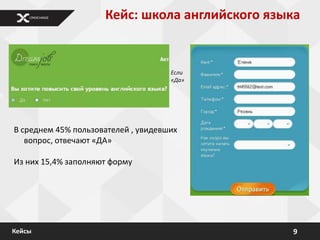Кейс: школа английского языка


                                     Если
                                     «Да»




В среднем 45% пользователей , увидевших
   вопрос, отвечают «ДА»

Из них 15,4% заполняют форму




Кейсы                                           9
 