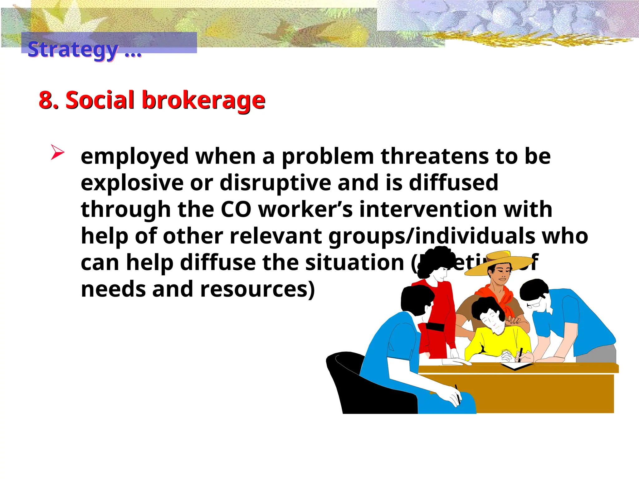 8. Social brokerage
 employed when a problem threatens to be
explosive or disruptive and is diffused
through the CO worker’s intervention with
help of other relevant groups/individuals who
can help diffuse the situation (Meeting of
needs and resources)
Strategy …
 