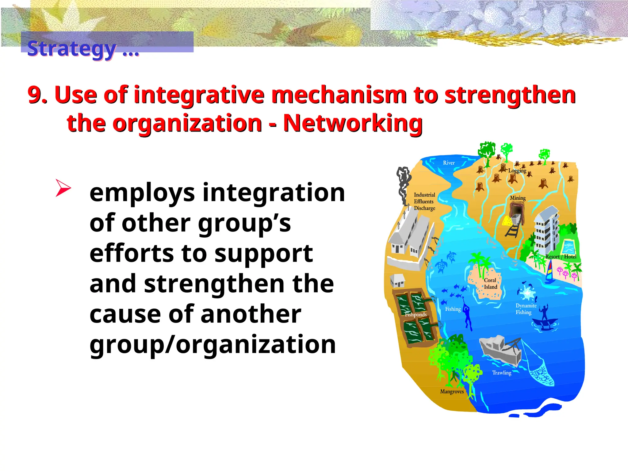 9. Use of integrative mechanism to strengthen
the organization - Networking
 employs integration
of other group’s
efforts to support
and strengthen the
cause of another
group/organization
Strategy …
 